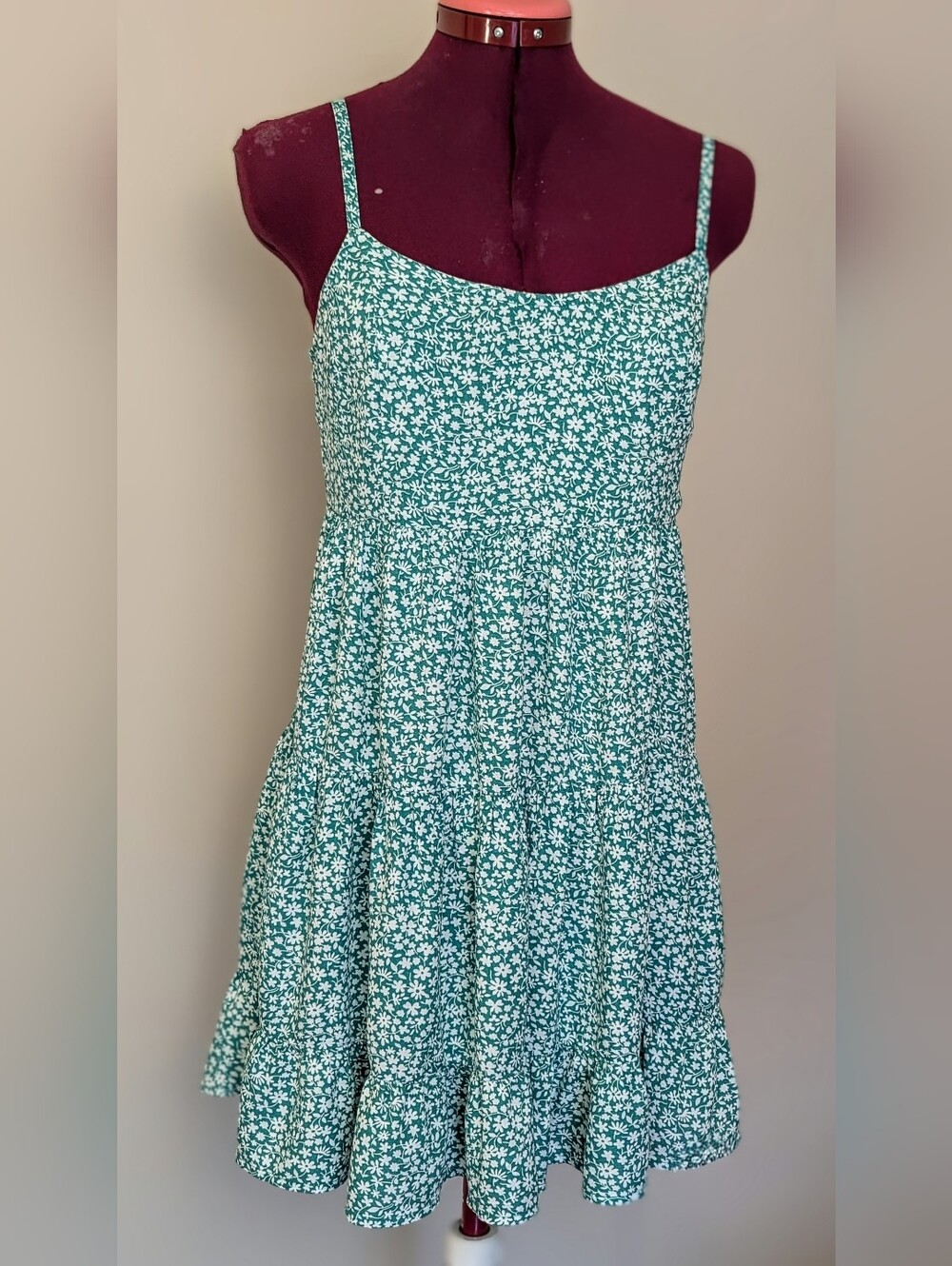 Hollister Green and White Floral Spaghetti Strap Mini Dress